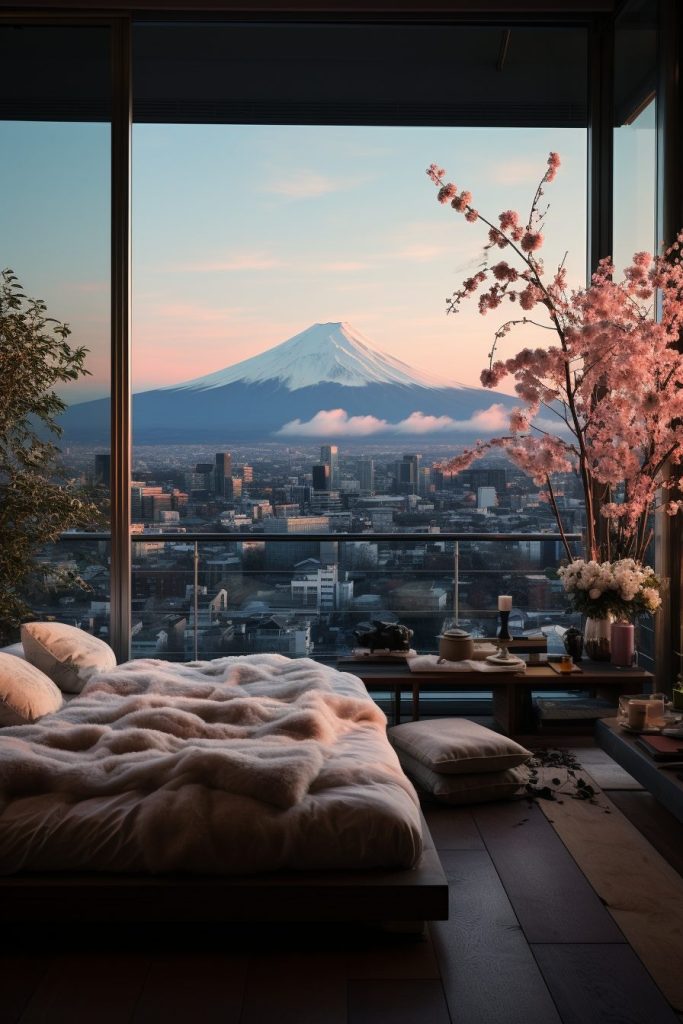 Apartment Bedroom in Japan with a View of Mount Fuji AI Artwork 14