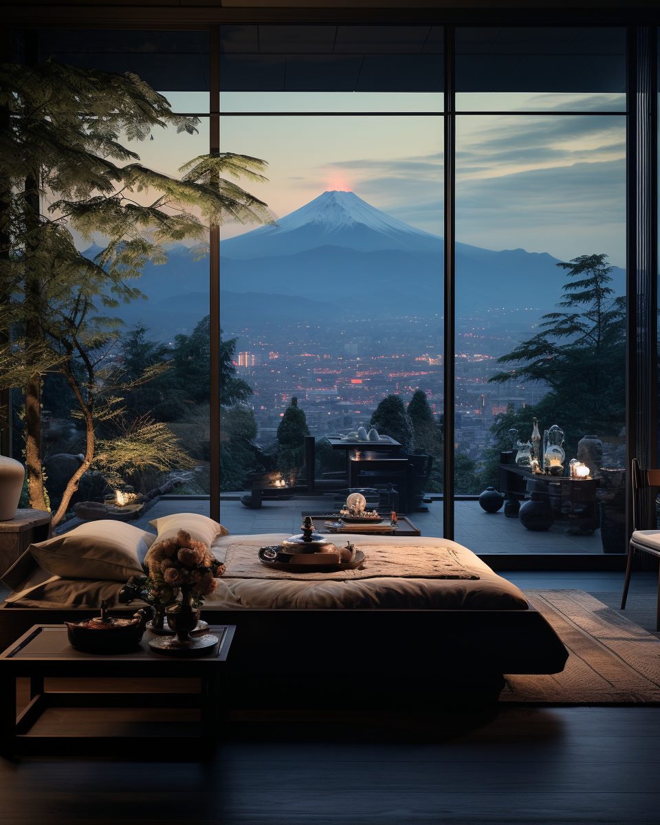 Apartment Bedroom in Japan with a View of Mount Fuji