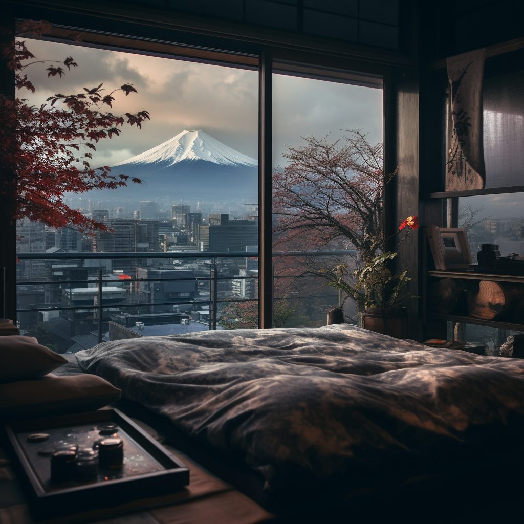Apartment Bedroom in Japan with a View of Mount Fuji AI Artwork 23