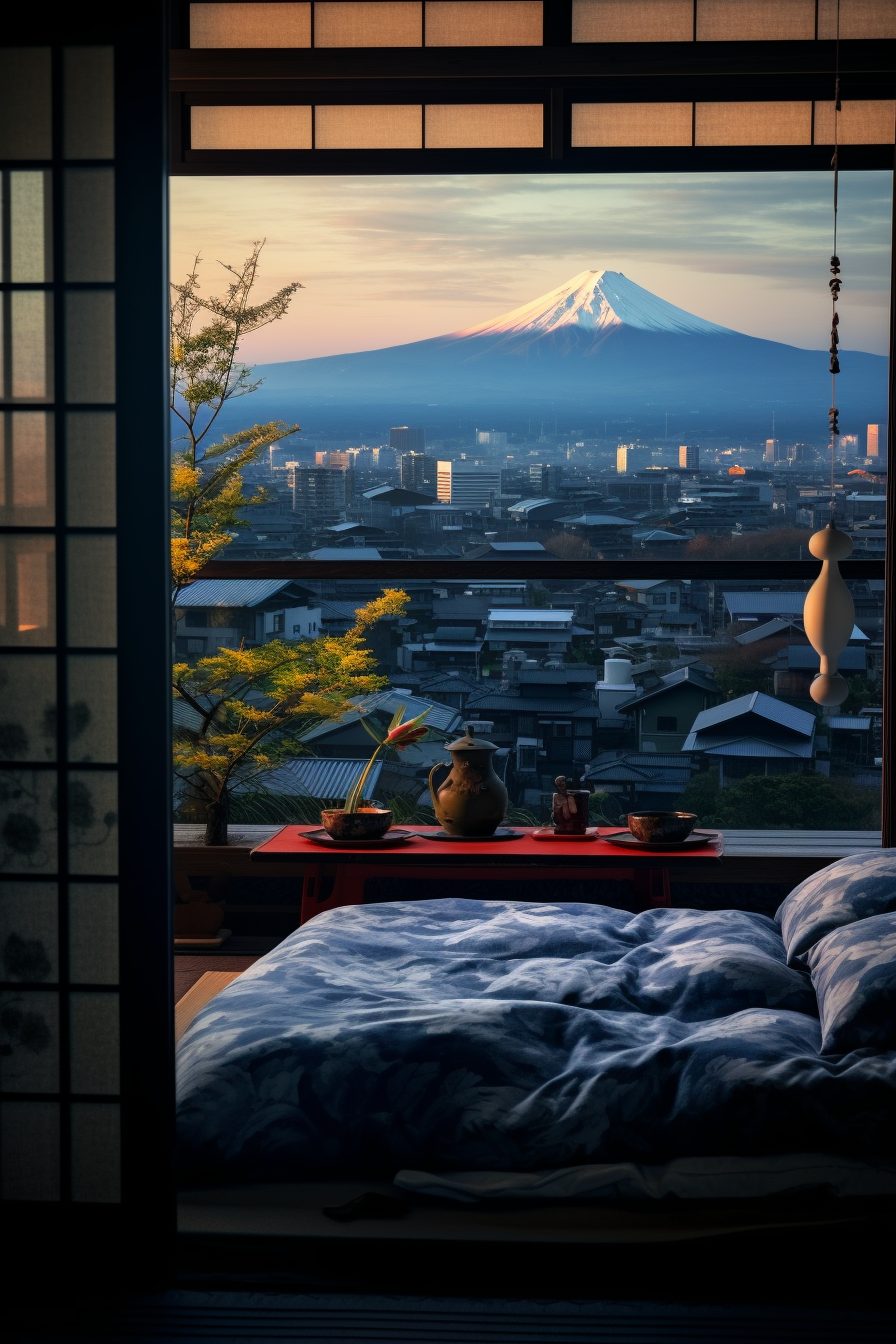Apartment Bedroom in Japan with a View of Mount Fuji