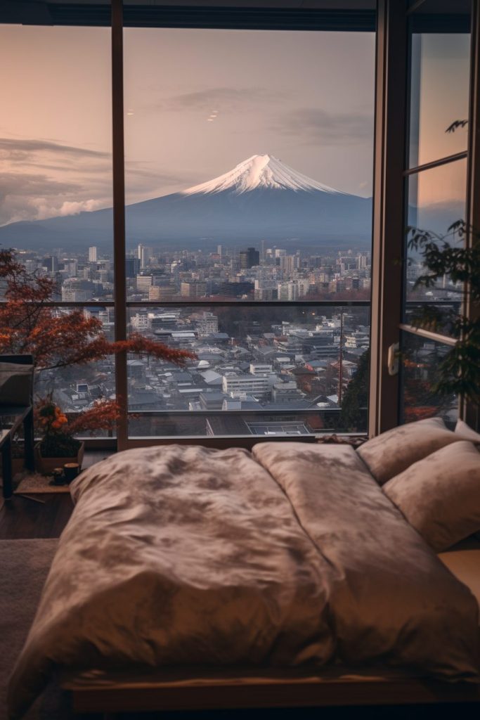 Apartment Bedroom in Japan with a View of Mount Fuji AI Artwork 36