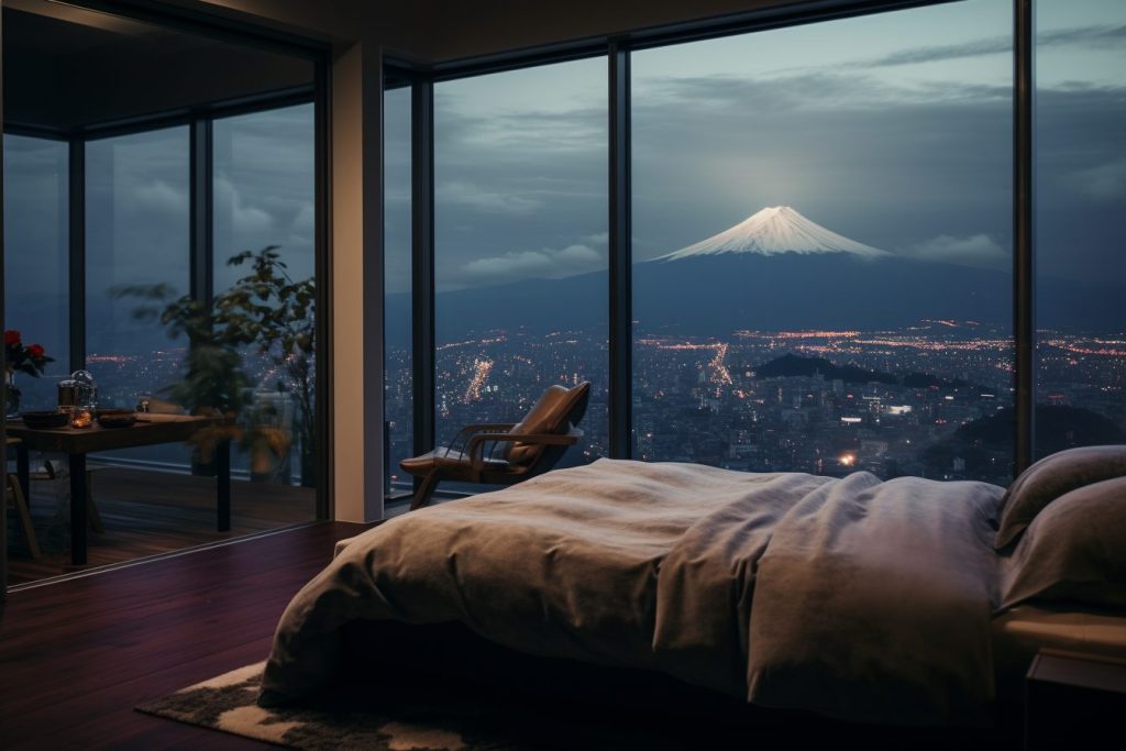 Apartment Bedroom in Japan with a View of Mount Fuji AI Artwork 37