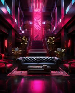 Cyberpunk Hotel Lobby Interiors and Corridors