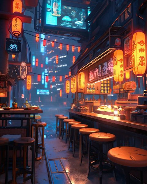 Cyberpunk Ramen Carts and Shops