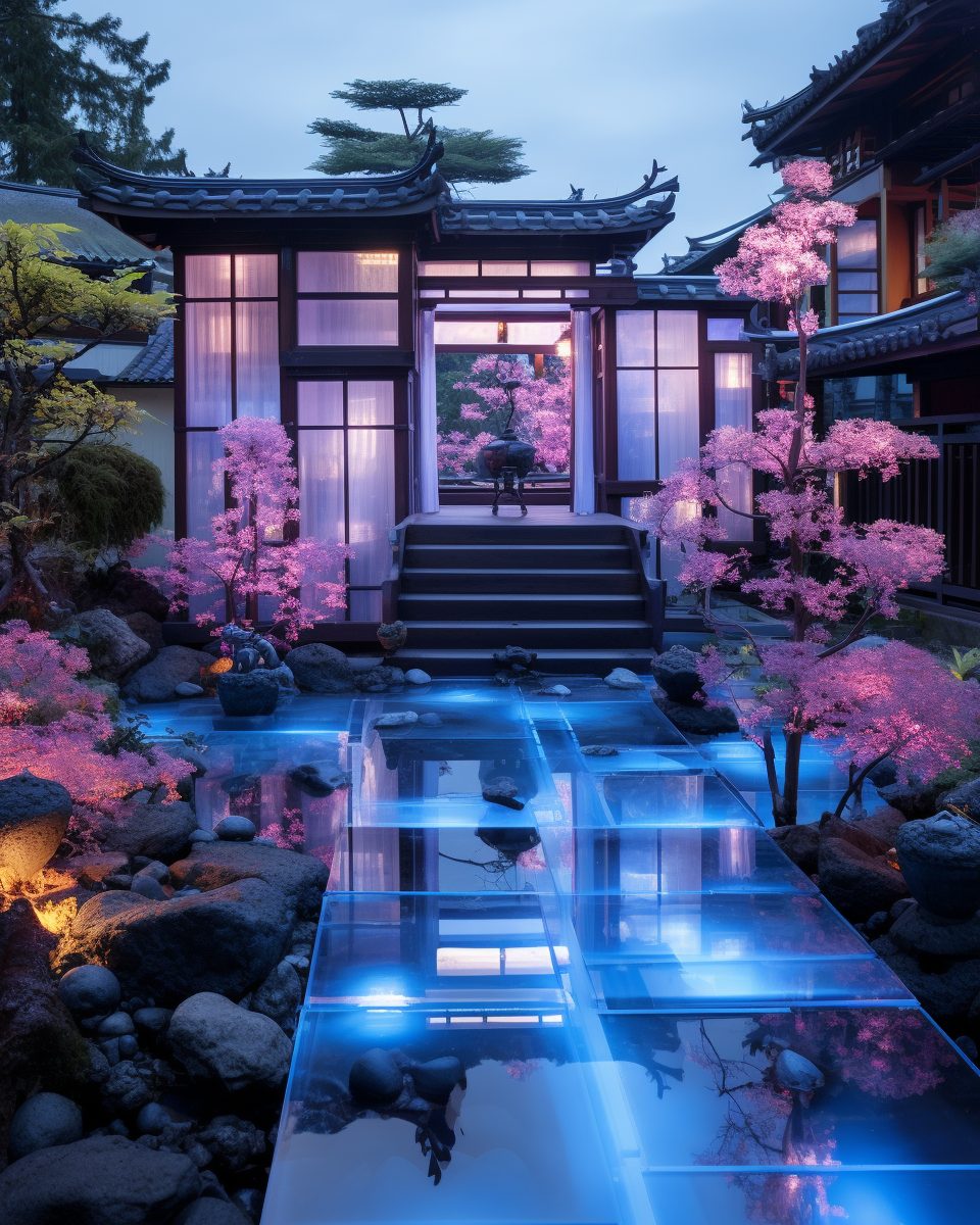 Cyberpunk Zen Garden and Traditional Japanese Garden House
