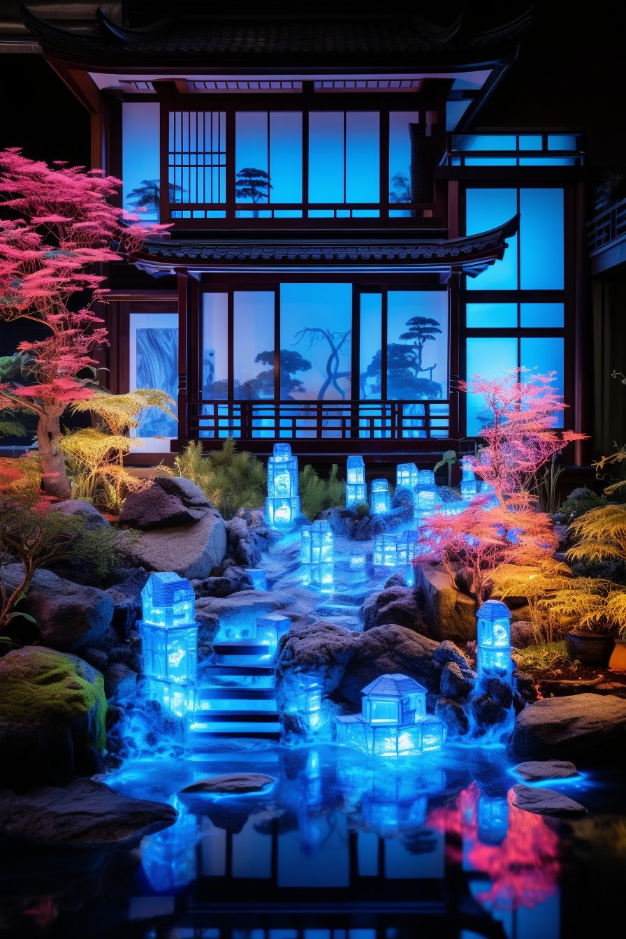 Cyberpunk Zen Garden and Traditional Japanese Garden House