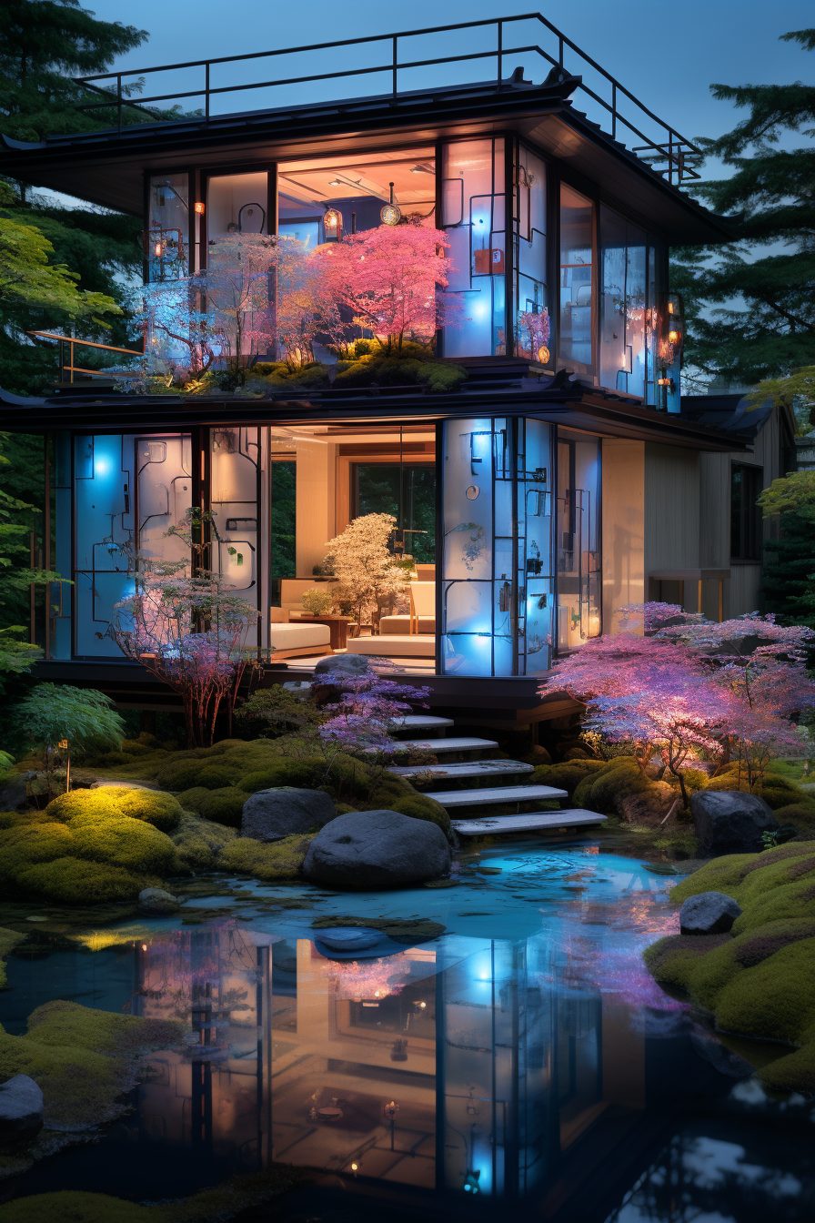 Cyberpunk Zen Garden and Traditional Japanese Garden House