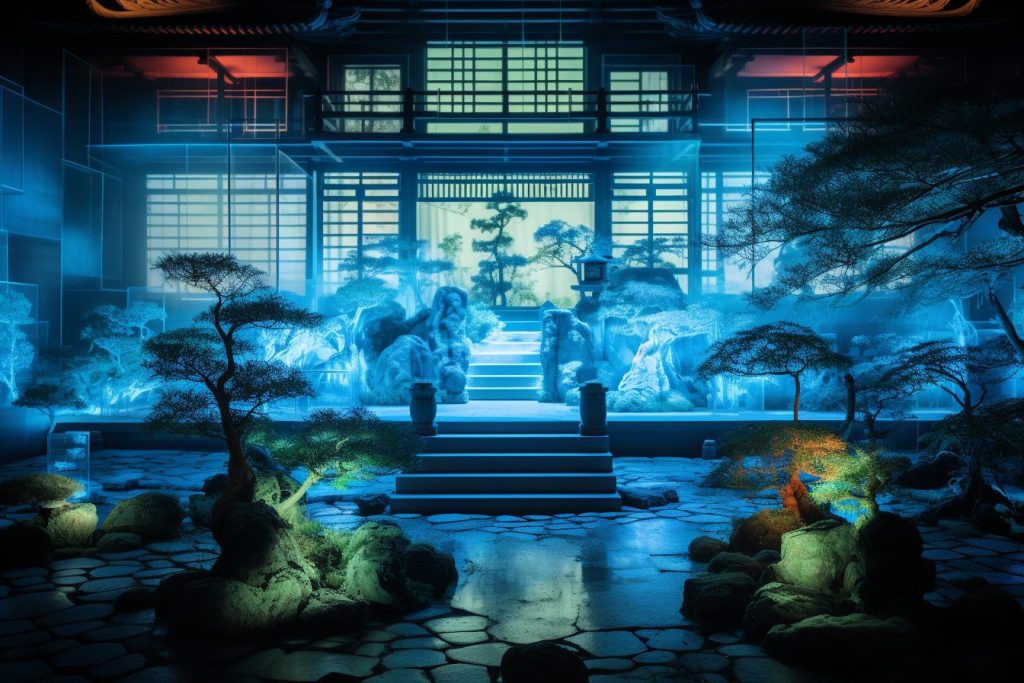 Cyberpunk Zen Garden and Traditional Japanese Garden House AI Artwork 31