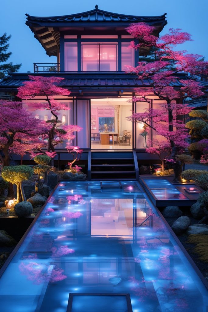Cyberpunk Zen Garden and Traditional Japanese Garden House AI Artwork 8