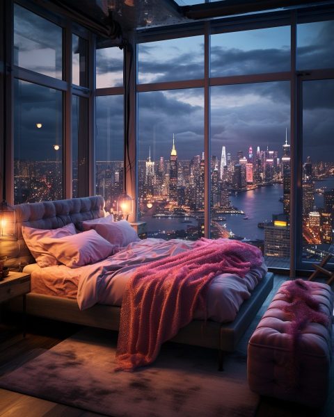High-Ceiling Bedroom With City Skyline View
