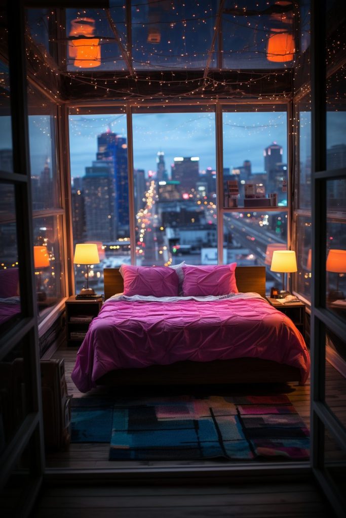 High-Ceiling Bedroom With City Skyline View AI Artwork 12