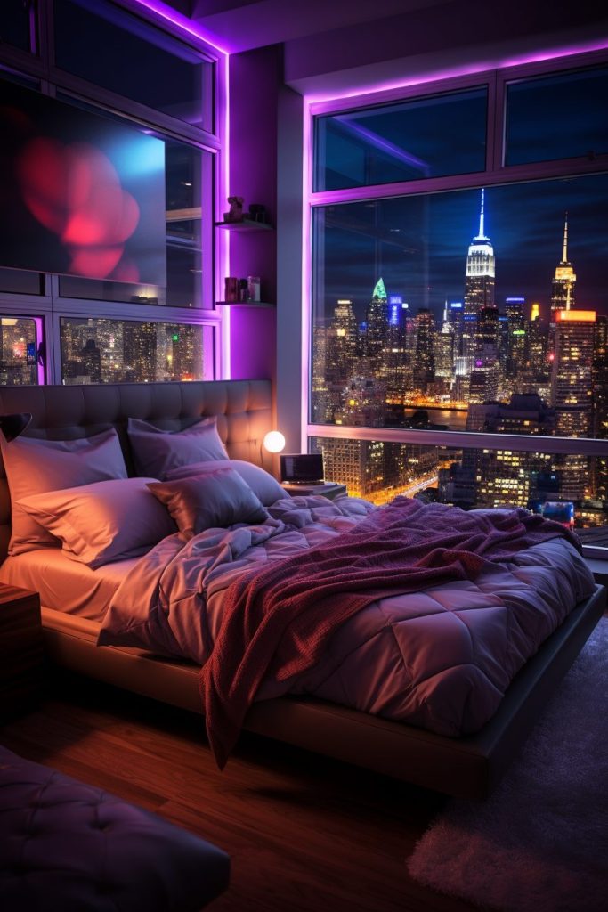 High-Ceiling Bedroom With City Skyline View AI Artwork 14