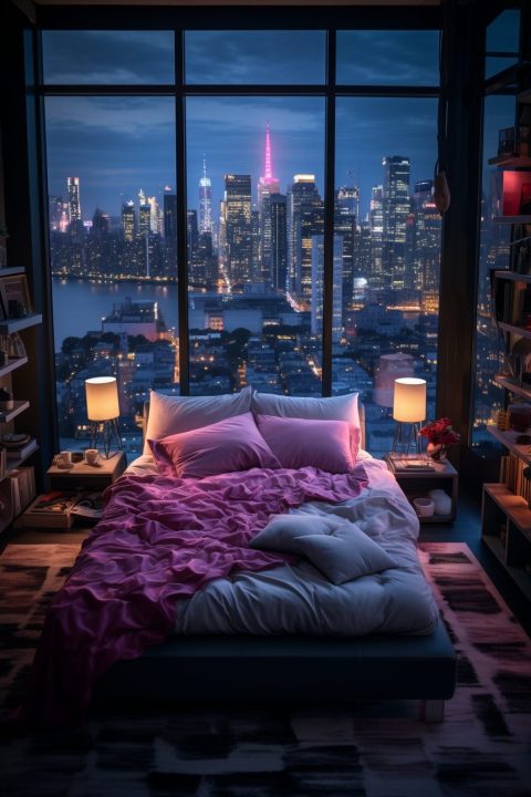 High-Ceiling Bedroom With City Skyline View