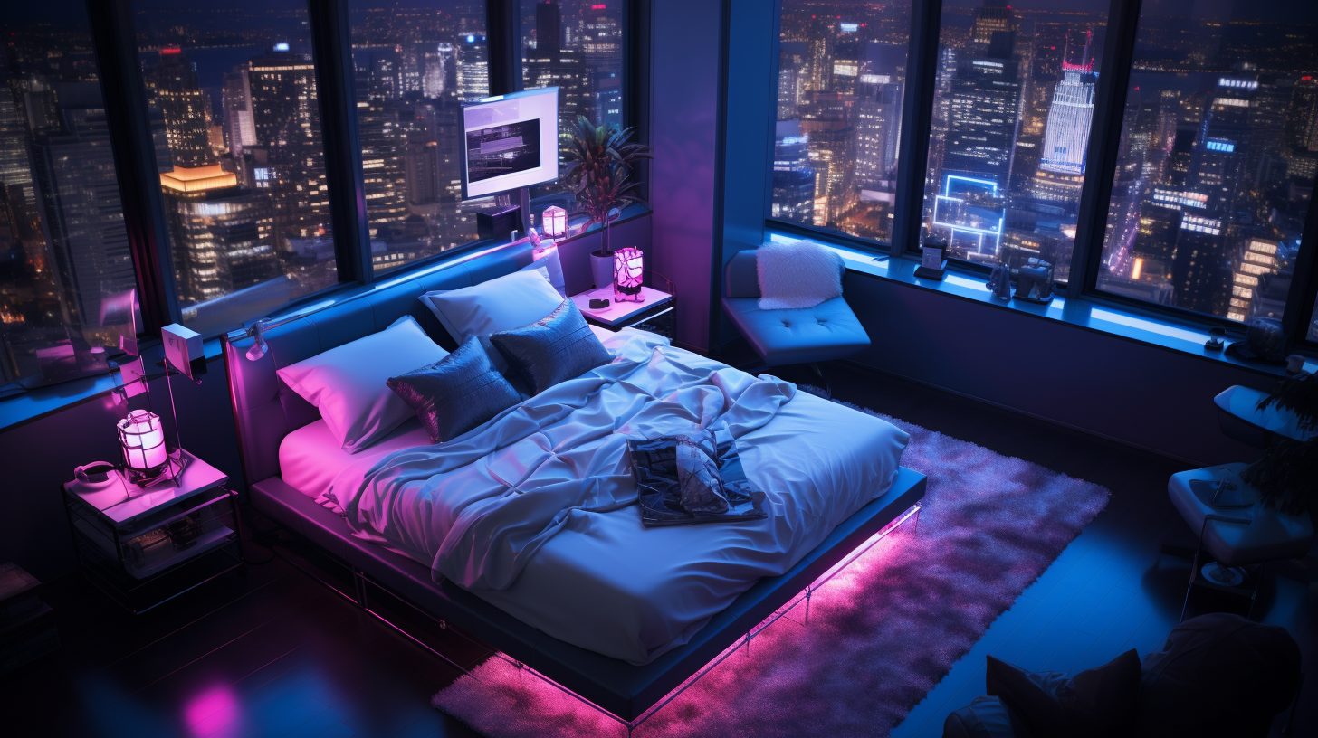 High-Ceiling Bedroom With City Skyline View