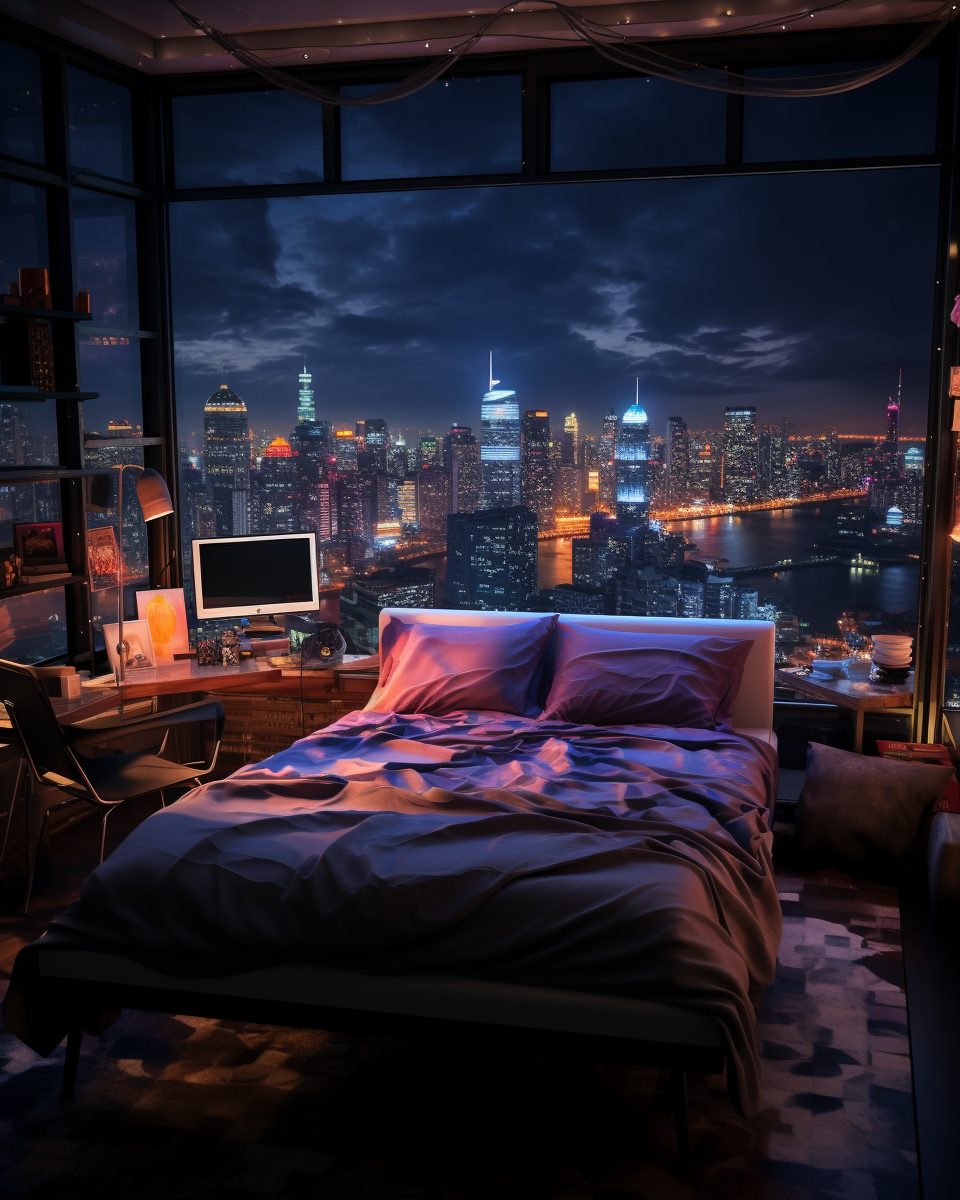 Image showcasing High-Ceiling Bedroom With City Skyline View