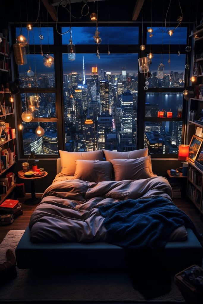 High-Ceiling Bedroom With City Skyline View AI Artwork 23