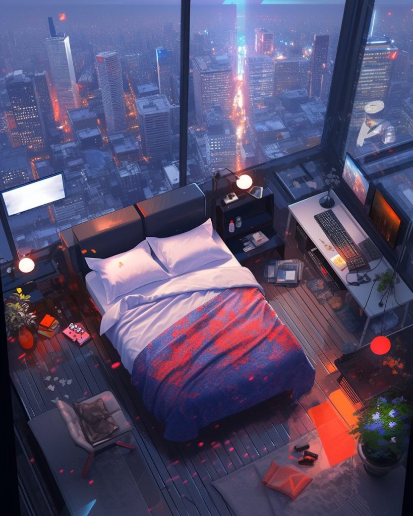 High-Ceiling Bedroom With City Skyline View AI Artwork 32