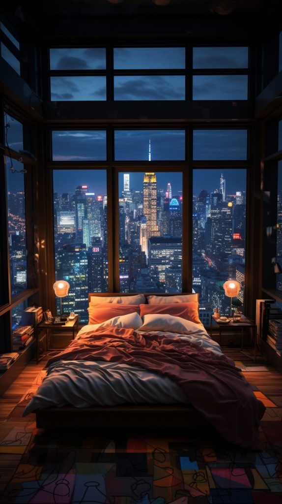 High-Ceiling Bedroom With City Skyline View AI Artwork 34