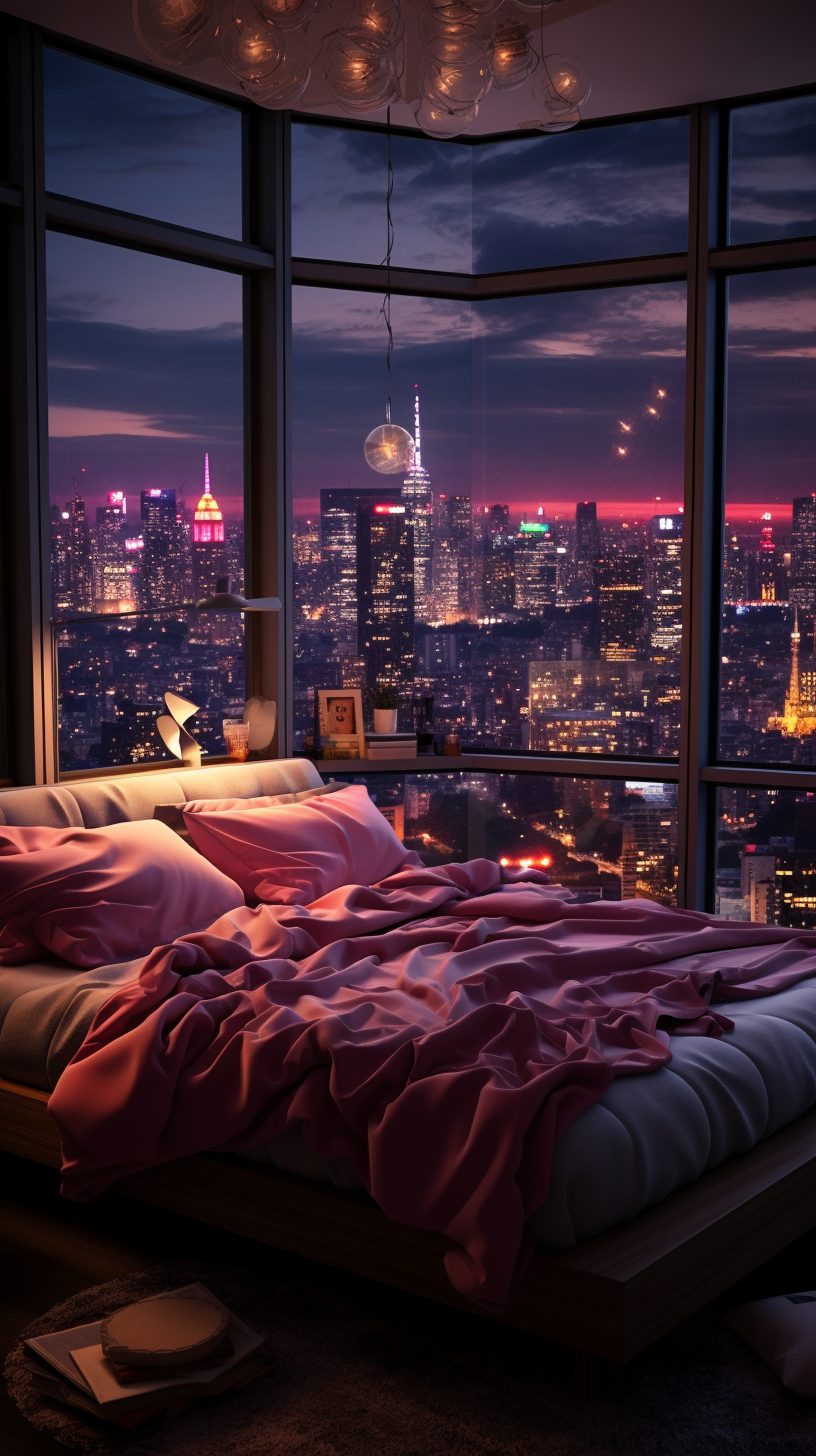 High-Ceiling Bedroom With City Skyline View
