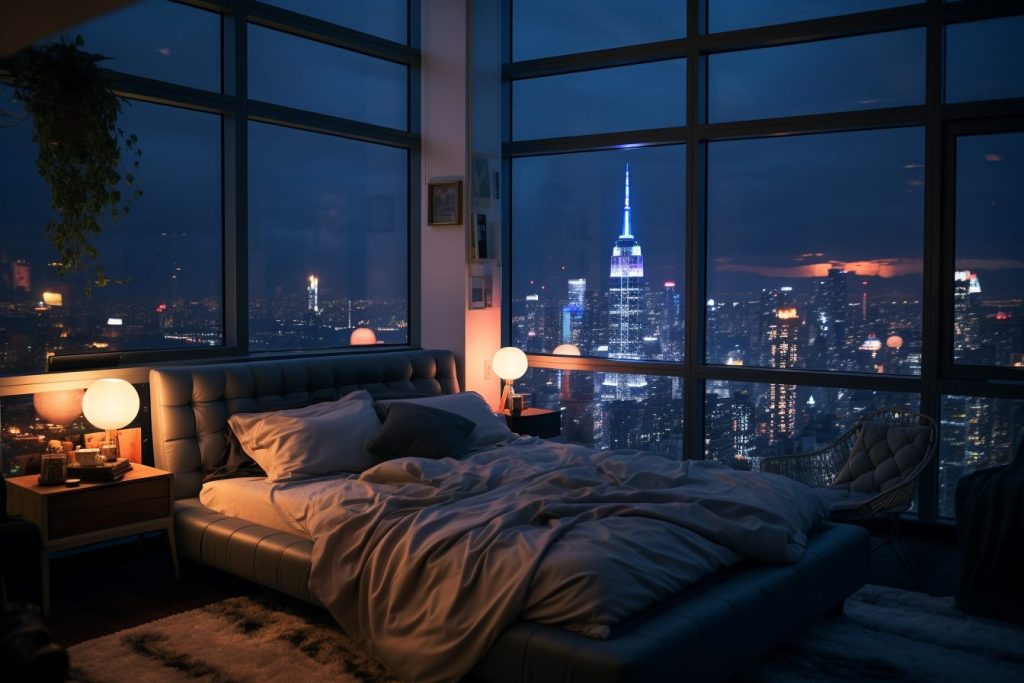 High-Ceiling Bedroom With City Skyline View AI Artwork 5