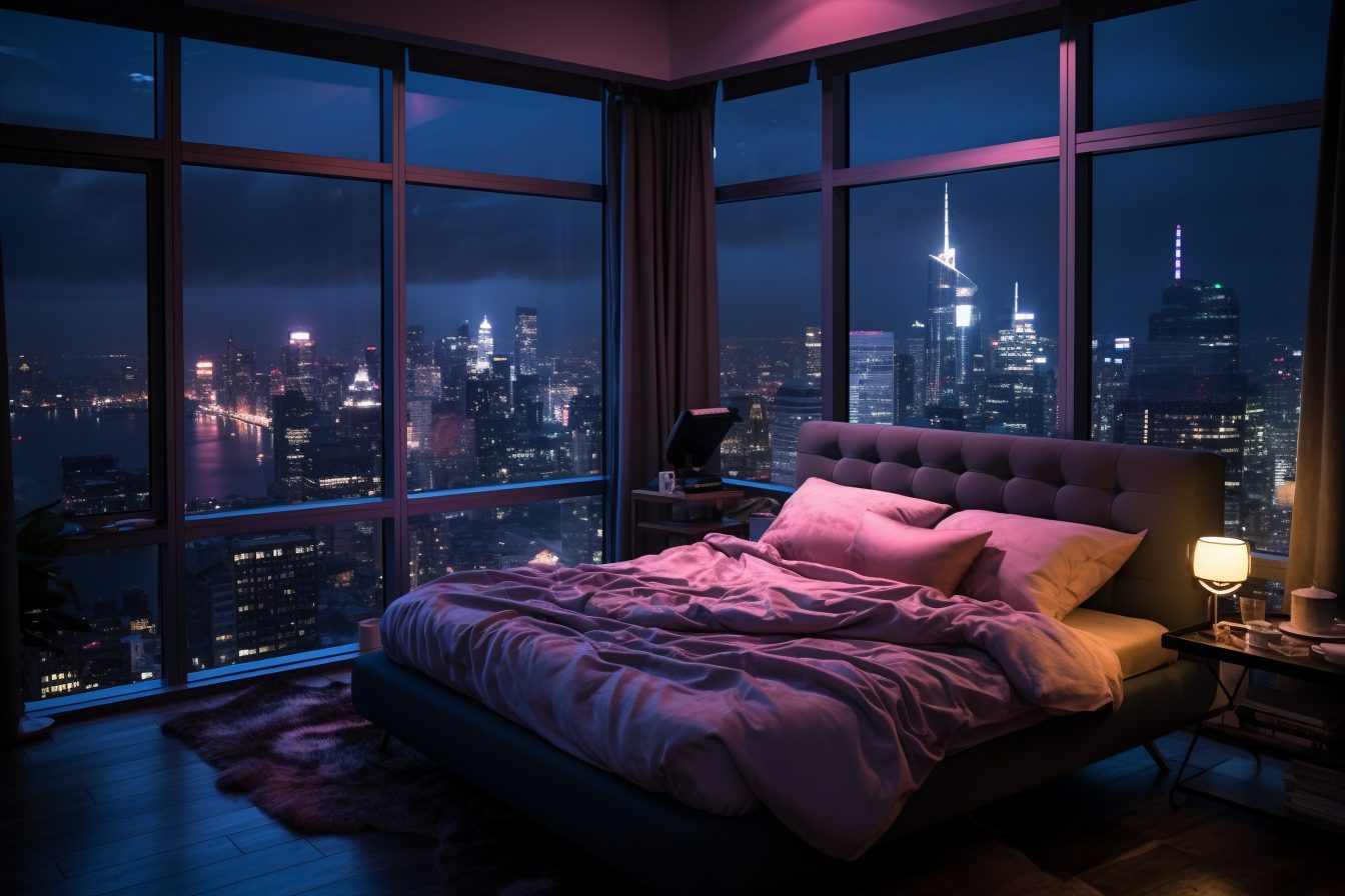 High-Ceiling Bedroom With City Skyline View