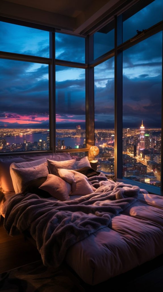 High-Ceiling Bedroom With City Skyline View AI Artwork 7
