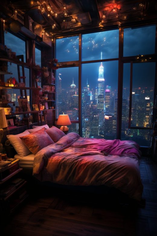 High-Ceiling Bedroom With City Skyline View AI Artwork