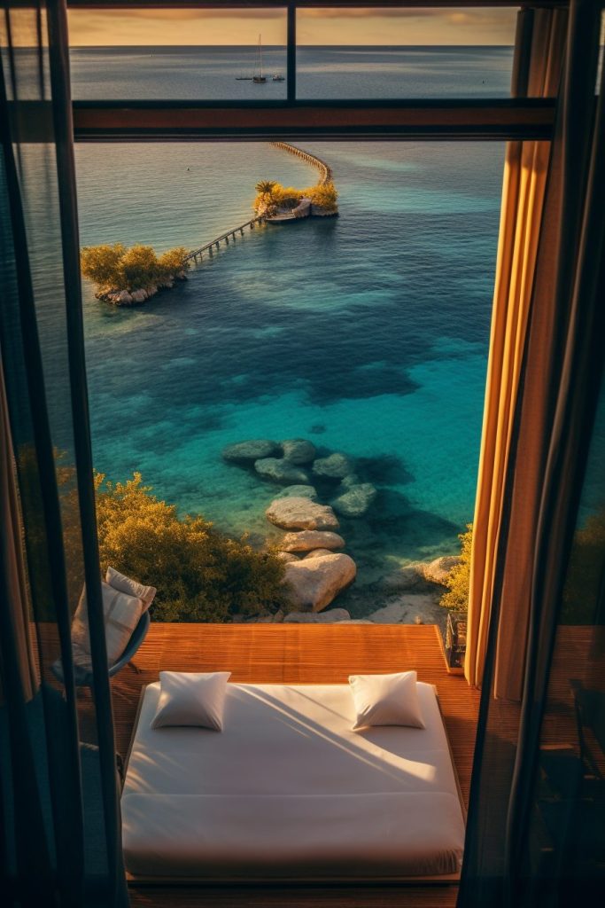 Modern Bedroom with an Amazing View of the Waterfront AI Artwork 14