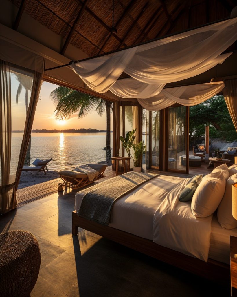 Modern Bedroom with an Amazing View of the Waterfront AI Artwork 16