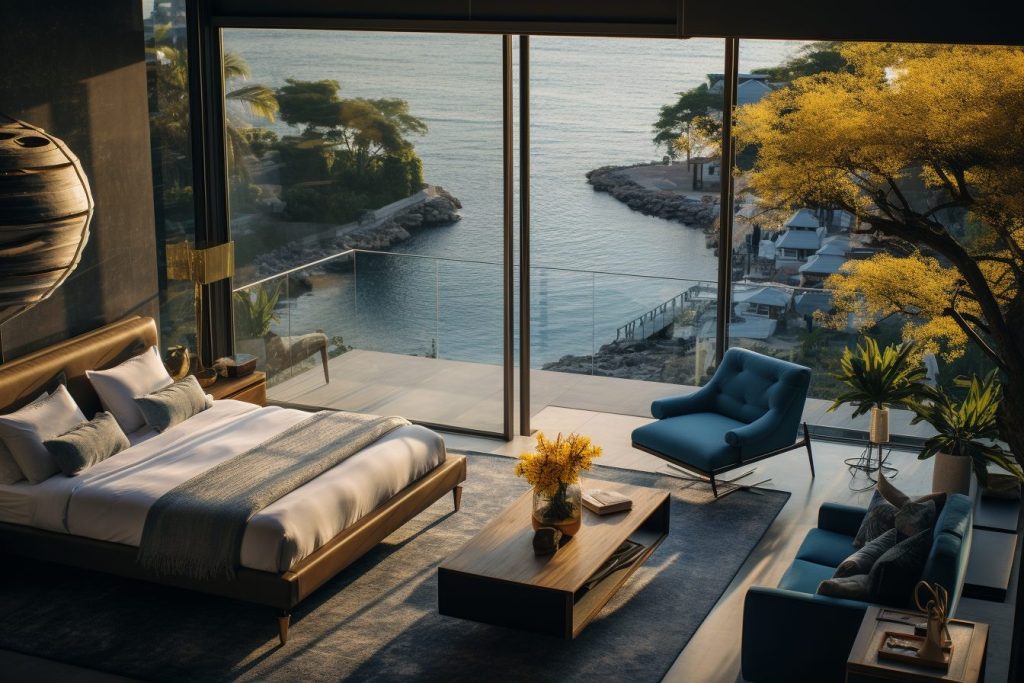Modern Bedroom with an Amazing View of the Waterfront AI Artwork 2