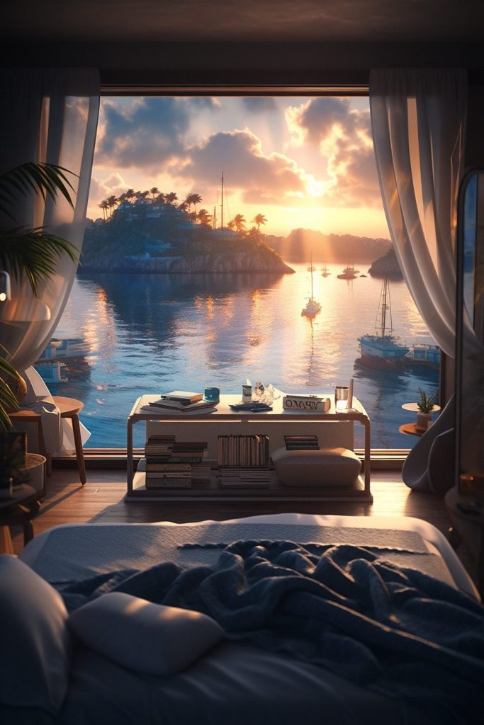 Modern Bedroom with an Amazing View of the Waterfront AI Artwork 31