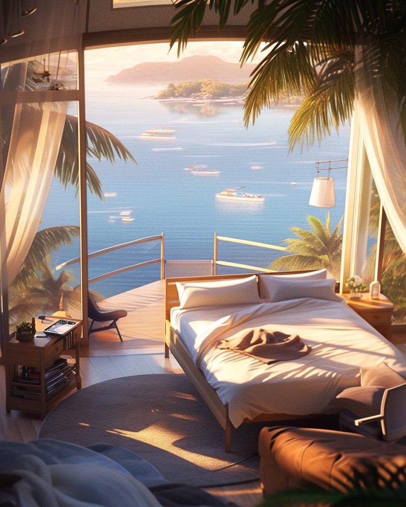 Modern Bedroom with an Amazing View of the Waterfront AI Artwork 7