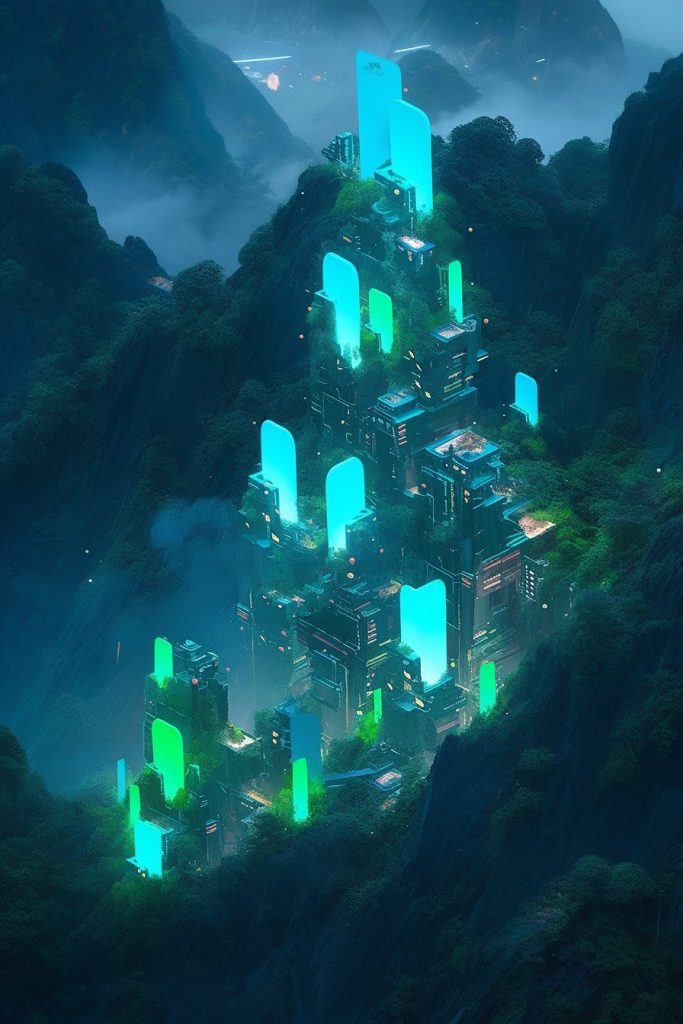 Neon Buildings On Lush Green Mountains AI Artwork 2