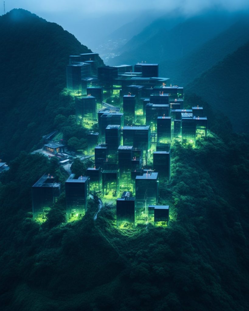 Neon Buildings On Lush Green Mountains AI Artwork 28