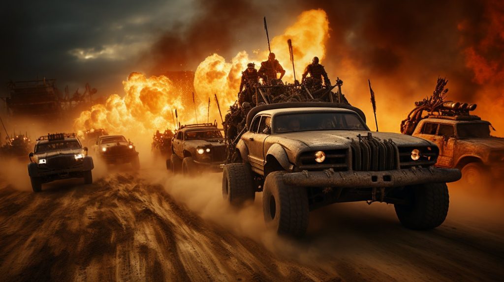 Post Apocalyptic War Marauders and Vehicles Animated AI Artwork Video