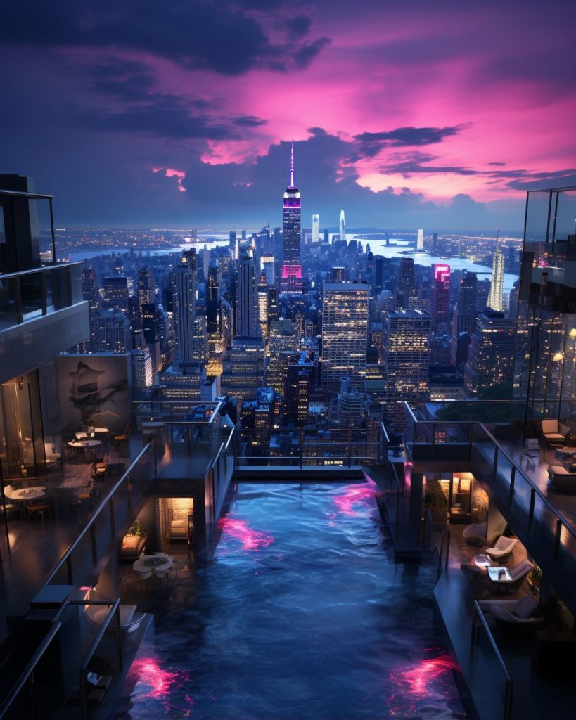 Rooftop Neon Swimming Pool with a Skyline View AI Artwork 11