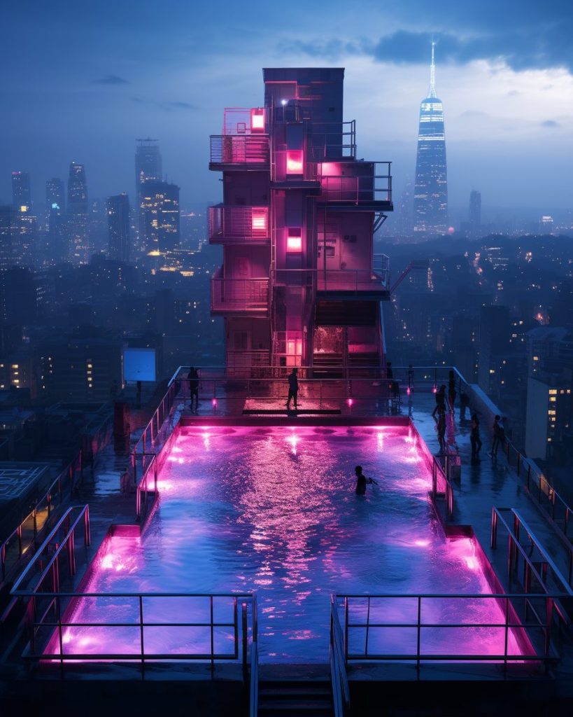 Rooftop Neon Swimming Pool with a Skyline View AI Artwork 14