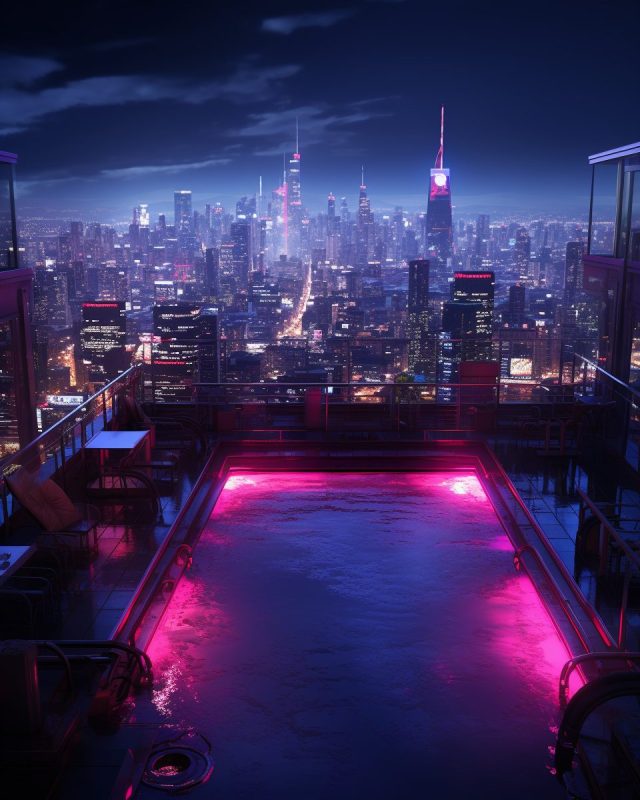 Rooftop Neon Swimming Pool with a Skyline View AI Artwork 2