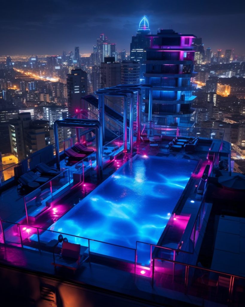 Rooftop Neon Swimming Pool with a Skyline View AI Artwork 26