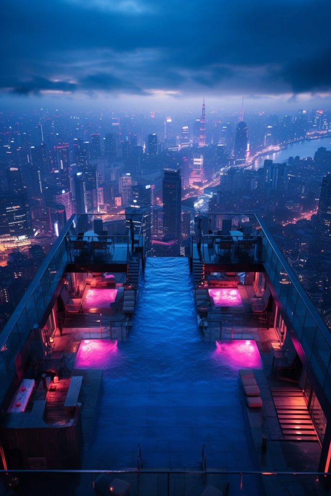 Rooftop Neon Swimming Pool with a Skyline View AI Artwork 30
