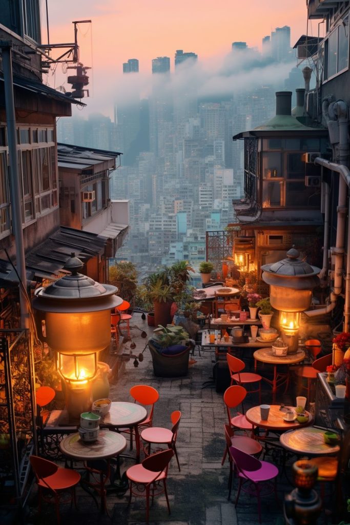 Rooftop Tea House In Hong Kong City AI Artwork 6
