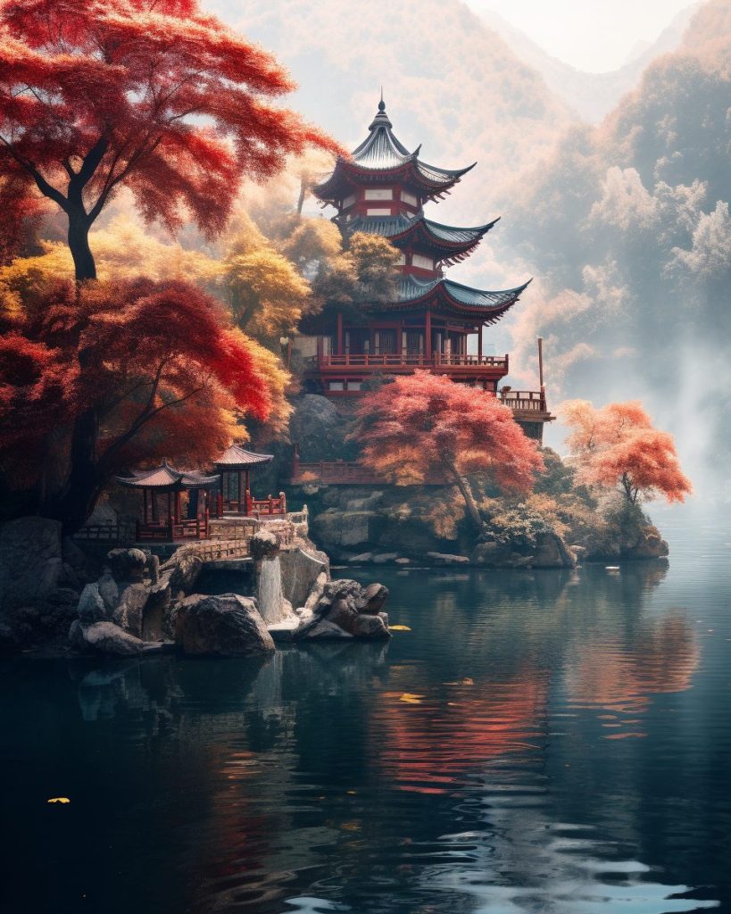 Traditional Chinese Pavilions Beside A Lake AI Artwork 7
