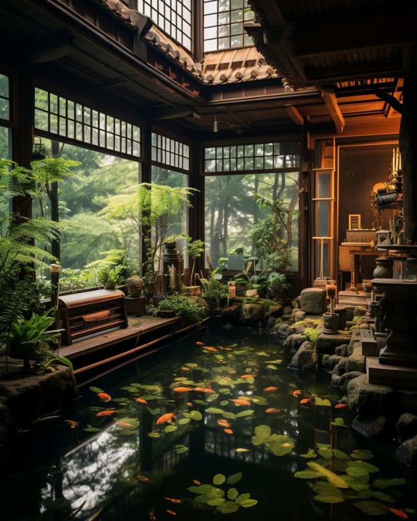 Traditional Japanese House with an Indoor Pond and Skywell AI Artwork 10