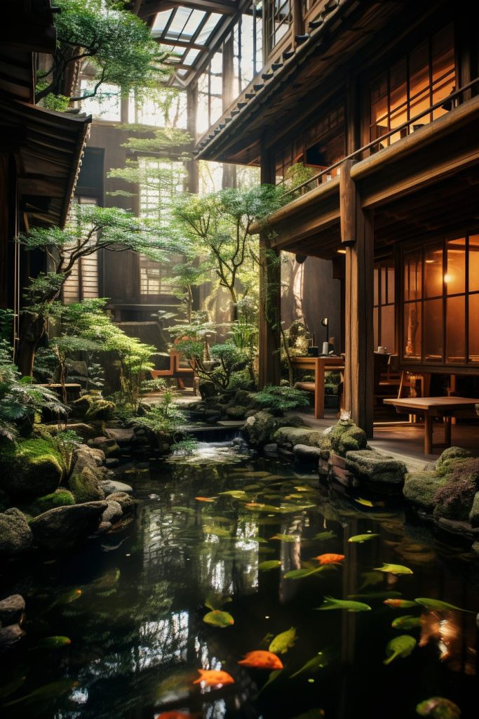 Traditional Japanese House with an Indoor Pond and Skywell AI Artwork 17