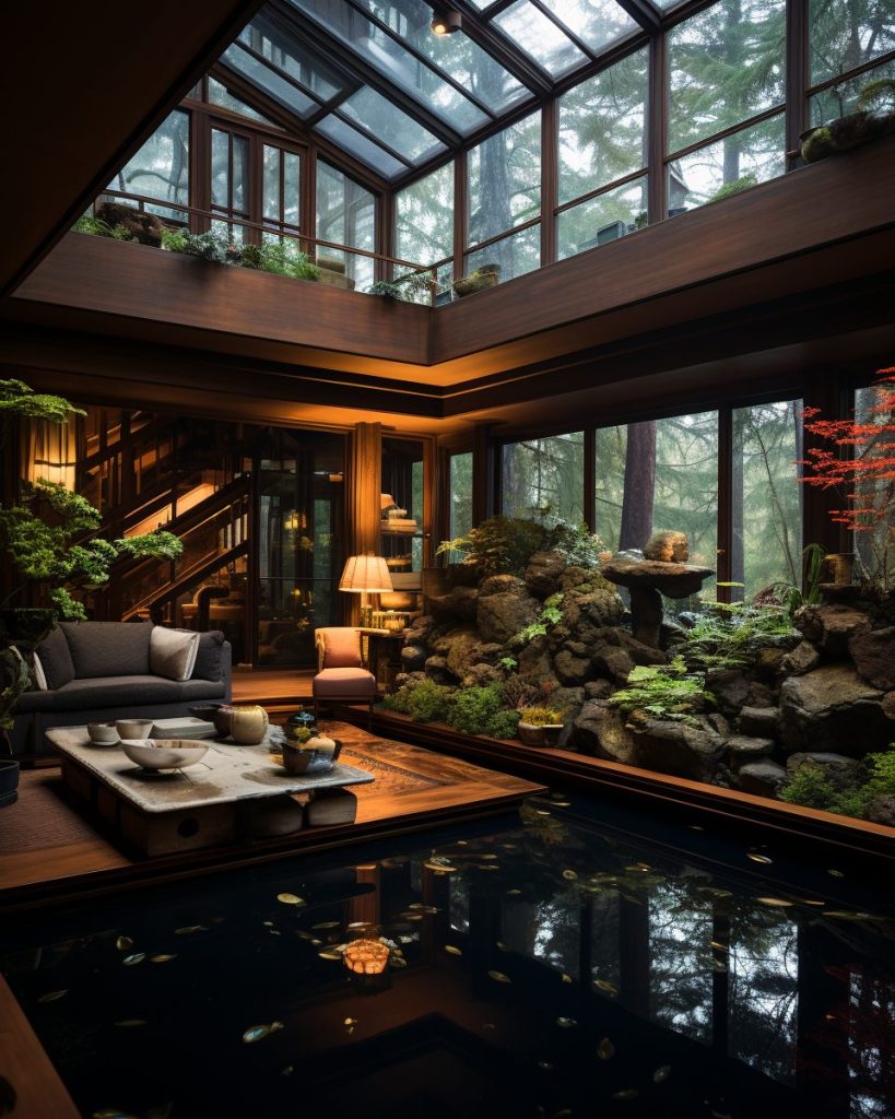 Traditional Japanese House with an Indoor Pond and Skywell AI Artwork 26