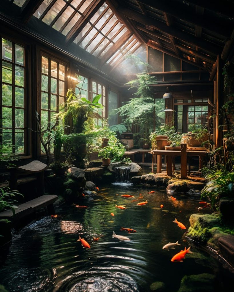 Traditional Japanese House with an Indoor Pond and Skywell AI Artwork 29