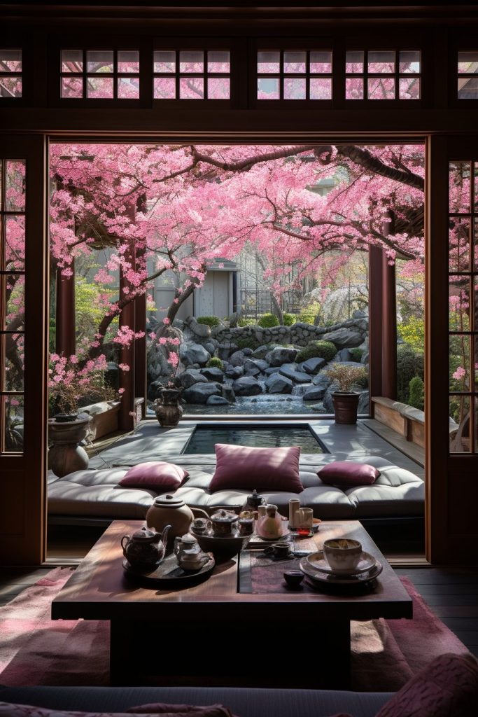 Traditional Machiya Room with a View of Cherry Blossom Landscape AI Artwork 18