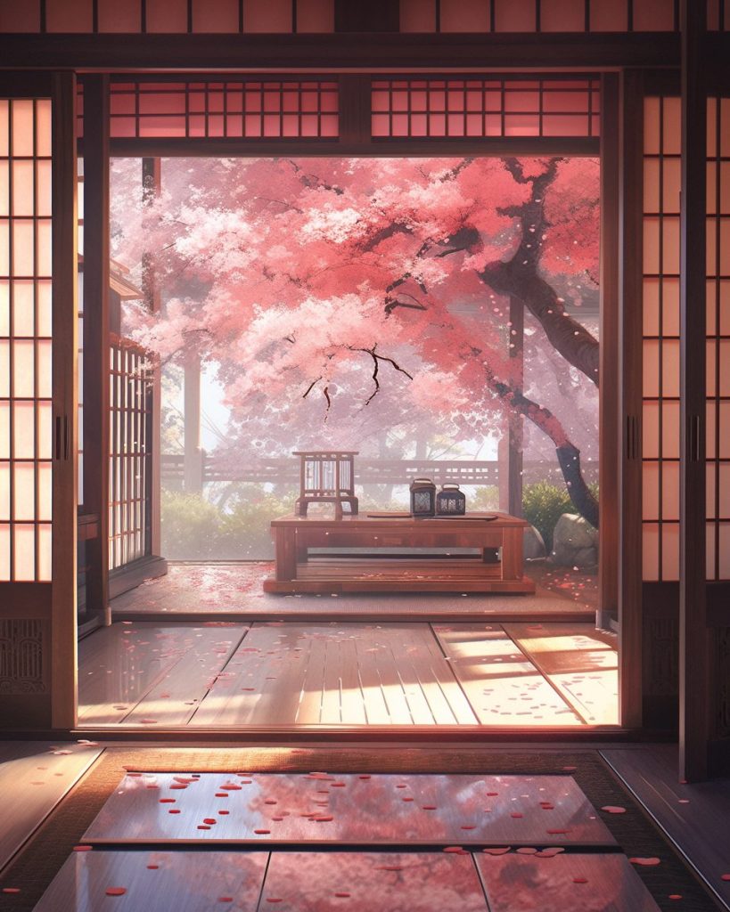 Traditional Machiya Room with a View of Cherry Blossom Landscape AI Artwork 20
