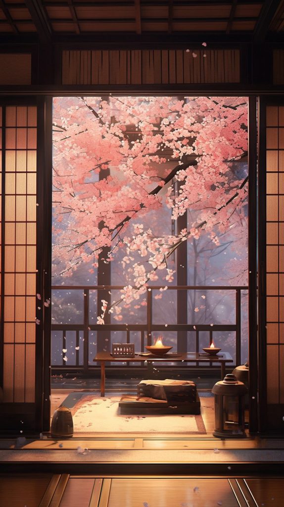 Traditional Machiya Room with a View of Cherry Blossom Landscape AI Artwork 4