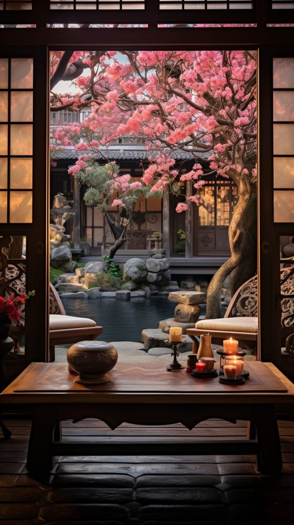 Traditional Machiya Room with a View of Cherry Blossom Landscape AI Artwork 5